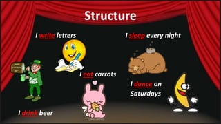 I write letters I sleep every night 
I eat carrots 
I dance on 
Saturdays 
I drink beer 
Structure 
 