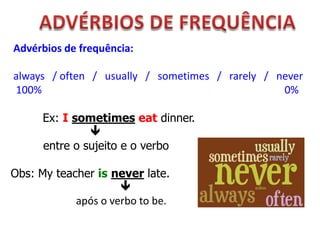 Advérbios de frequência:
always / often / usually / sometimes / rarely / never
100%
0%
Ex: I sometimes eat dinner.

entre o sujeito e o verbo
Obs: My teacher is never late.

após o verbo to be.

 