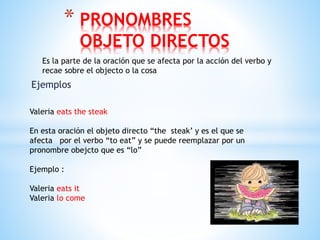 Ejemplos
* PRONOMBRES
OBJETO DIRECTOS
Es la parte de la oración que se afecta por la acción del verbo y
recae sobre el objecto o la cosa
Valeria eats the steak
En esta oración el objeto directo “the steak’ y es el que se
afecta por el verbo “to eat” y se puede reemplazar por un
pronombre obejcto que es “lo”
Ejemplo :
Valeria eats it
Valeria lo come
 