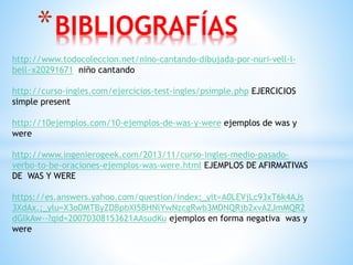*BIBLIOGRAFÍAS
http://www.todocoleccion.net/nino-cantando-dibujada-por-nuri-vell-i-
bell~x20291671 niño cantando
http://curso-ingles.com/ejercicios-test-ingles/psimple.php EJERCICIOS
simple present
http://10ejemplos.com/10-ejemplos-de-was-y-were ejemplos de was y
were
http://www.ingenierogeek.com/2013/11/curso-ingles-medio-pasado-
verbo-to-be-oraciones-ejemplos-was-were.html EJEMPLOS DE AFIRMATIVAS
DE WAS Y WERE
https://es.answers.yahoo.com/question/index;_ylt=A0LEVjLc93xT6k4AJs
3XdAx.;_ylu=X3oDMTByZDBpbXI5BHNlYwNzcgRwb3MDNQRjb2xvA2JmMQR2
dGlkAw--?qid=20070308153621AAsudKu ejemplos en forma negativa was y
were
 