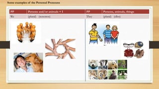 PP Persons and/or animals + I PP Persons, animals, things
We (plural) (nosotros) They (plural) (ellos)
Some examples of the Personal Pronouns
 