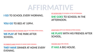 I GO TO SCHOOL EVERY MORNING.
YOU GO TO BED AT 10PM.
THE STUDENTS AND THE TEACHER PLAY AT THE PARK AFTER SCHOOL.
WE PLAY AT THE PARK AFTER
SCHOOL.
MY PARENTS HAVE DINNER AT HOME EVERY EVENING..
THEY HAVE DINNER AT HOME EVERY
EVENING.
MY SISTER GOES TO SCHOOL IN THE AFTERNOON.
SHE GOES TO SCHOOL IN THE
AFTERNOON.
LOUIS PLAYS WITH HIS FRIENDS AFTER SCHOOL.
HE PLAYS WITH HIS FRIENDS AFTER
SCHOOL.
THE DOG HAS A BIG HOUSE..
IT HAS A BIG HOUSE.
AFFIRMATIVE
 