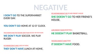 I DON’T GO TO THE SUPERMARKET
EVERY DAY.
YOU DON’T GO HOME AT 12 O’ CLOCK.
THE STUDENTS AND THE TEACHER DON’T PLAY SOCCER. WE PLAY RUGBY.
WE DON’T PLAY SOCCER. WE PLAY
RUGBY.
MY FRIENDS DON’T HAVE LUNCH AT HOME.
THEY DON’T HAVE LUNCH AT HOME.
MY MOTHER DOESN’T GO TO HER FRIEND’S HOUSE.
SHE DOESN’T GO TO HER FRIEND’S
HOUSE.
LUKE DOESN’T PLAYS BASKETBALL.
HE DOESN’T PLAY BASKETBALL.
THE DOG DOESN’T HAVE FOOD.
IT DOESN’T HAVE FOOD.
NEGATIVE
 