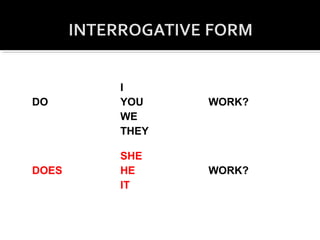 DO
I
YOU
WE
THEY
WORK?
DOES
SHE
HE
IT
WORK?
 