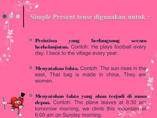 

Peristiwa
yang
berlangsung
secara
berkelanjutan. Contoh: He plays football every
day, I back to the village every year.



Menyatakan fakta. Contoh: The sun rises in the
east, That bag is made in china, They are
women.



Menyatakan fakta yang akan terjadi di masa
depan. Contoh: The plane leaves at 8:30 am
tomorrow morning, we climb this mountain at
6:00 am on Sunday morning.

 