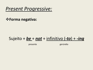 Present Progressive:
Forma negativa:
Sujeito + be + not + infinitivo (-to) + -ing
presente gerúndio
 