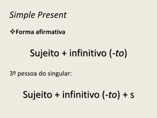 Simple Present
Forma afirmativa
Sujeito + infinitivo (-to)
3º pessoa do singular:
Sujeito + infinitivo (-to) + s
 
