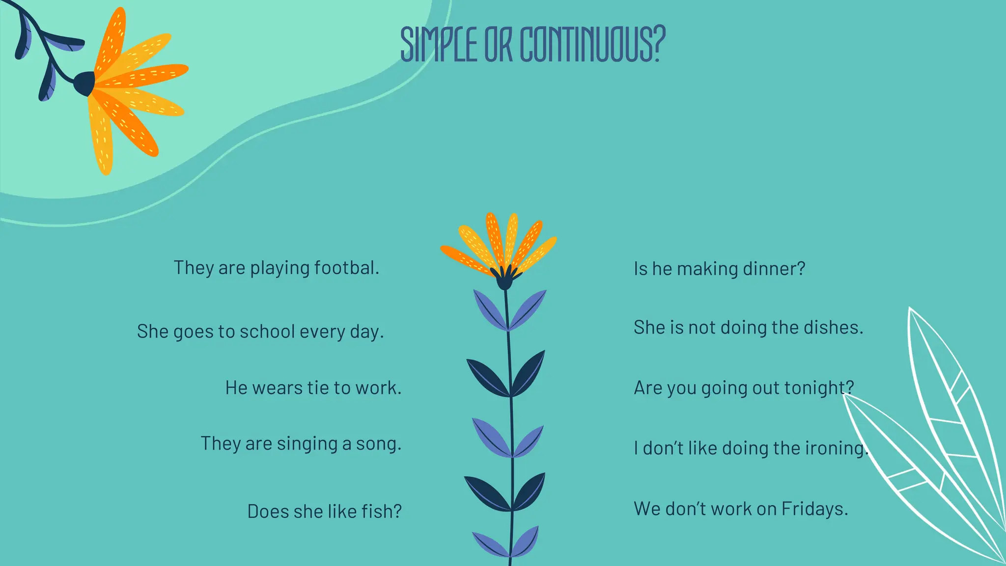 SIMPLEORCONTINUOUS?
She goes to school every day.
They are playing footbal.
Are you going out tonight?
Is he making dinner?
He wears tie to work.
They are singing a song.
Does she like fish?
She is not doing the dishes.
I don’t like doing the ironing.
We don’t work on Fridays.
 
