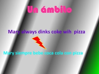 Un ámbitoMary always dinks coke wih  pizzaMary siempre bebe coca cola con pizza