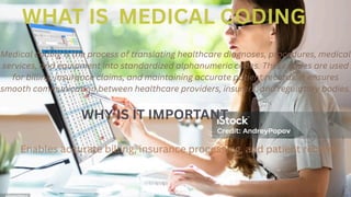 WHAT IS MEDICAL CODING
Medical coding is the process of translating healthcare diagnoses, procedures, medical
services, and equipment into standardized alphanumeric codes. These codes are used
for billing, insurance claims, and maintaining accurate patient records. It ensures
smooth communication between healthcare providers, insurers, and regulatory bodies.
WHY IS IT IMPORTANT
Enables accurate billing, insurance processing, and patient records
 