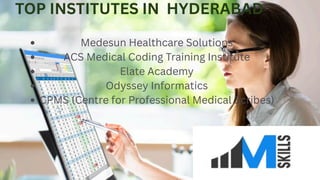 Medesun Healthcare Solutions
ACS Medical Coding Training Institute
Elate Academy
Odyssey Informatics
CPMS (Centre for Professional Medical Scribes)
TOP INSTITUTES IN HYDERABAD
 