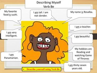 I am a teacher.
My favorite
food is sushi.
My name is Rosalba.
I am thirty seven
years old.
I am beautiful.
I am tall. I am
not slender.
I am
Panamanian.
I am very
intelligent.
Describing Myself
Verb Be
 Describe yourself using Verb Be
My hobbies are
Reading and
watching Game
of Thrones
 