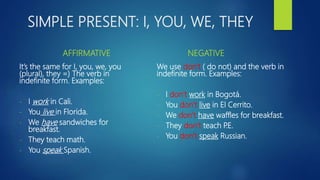 SIMPLE PRESENT: I, YOU, WE, THEY
AFFIRMATIVE
It’s the same for I, you, we, you
(plural), they =) The verb in
indefinite form. Examples:
- I work in Cali.
- You live in Florida.
- We have sandwiches for
breakfast.
- They teach math.
- You speak Spanish.
NEGATIVE
We use don’t ( do not) and the verb in
indefinite form. Examples:
- I don’t work in Bogotá.
- You don’t live in El Cerrito.
- We don’t have waffles for breakfast.
- They don’t teach P.E.
- You don’t speak Russian.
 