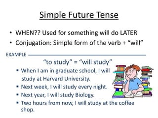 Simple Future Tense
 • WHEN?? Used for something will do LATER
 • Conjugation: Simple form of the verb + “will”
EXAMPLE
             “to study” = “will study”
    When I am in graduate school, I will
     study at Harvard University.
    Next week, I will study every night.
    Next year, I will study Biology.
    Two hours from now, I will study at the coffee
     shop.
 