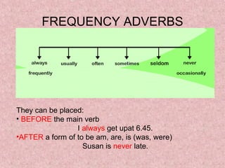 FREQUENCY ADVERBS




They can be placed:
• BEFORE the main verb
                 I always get upat 6.45.
•AFTER a form of to be am, are, is (was, were)
                   Susan is never late.
 