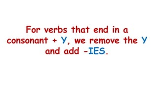 For verbs that end in a
consonant + Y, we remove the Y
and add -IES.
 