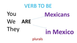 VERB TO BE
ARE
Mexicans
in Mexico
You
We
They
plurals
 