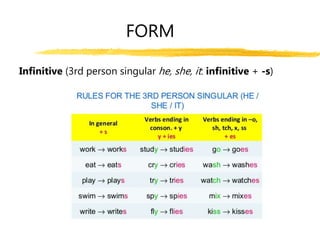 FORM
Infinitive (3rd person singular he, she, it: infinitive + -s)
 
