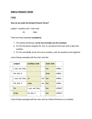 SIMPLE PRESENT TENSE<br />I sing<br />How do we make the Simple Present Tense?<br />subject+auxiliary verb+main verb  do base<br />There are three important exceptions:<br />For positive sentences, we do not normally use the auxiliary.<br />For the 3rd person singular (he, she, it), we add s to the main verb or es to the auxiliary.<br />For the verb to be, we do not use an auxiliary, even for questions and negatives.<br />Look at these examples with the main verb like:<br /> subjectauxiliary verb main verb +I, you, we, they likecoffee.He, she, it likescoffee.-I, you, we, theydonotlikecoffee.He, she, itdoesnotlikecoffee.?DoI, you, we, they likecoffee?Doeshe, she, it likecoffee?<br />Look at these examples with the main verb be. Notice that there is no auxiliary:<br /> subjectmain verb  +Iam French.You, we, theyare French.He, she, itis French.-Iamnotold.You, we, theyarenotold.He, she, itisnotold.?AmI late?Areyou, we, they late?Ishe, she, it late?<br />How do we use the Simple Present Tense?<br />We use the simple present tense when:<br />the action is general<br />the action happens all the time, or habitually, in the past, present and future<br />the action is not only happening now<br />the statement is always true<br />John drives a taxi.pastpresentfutureIt is John's job to drive a taxi. He does it every day. Past, present and future.<br />Look at these examples:<br />I live in New York.<br />The Moon goes round the Earth.<br />John drives a taxi.<br />He does not drive a bus.<br />We do not work at night.<br />Do you play football?<br />Note that with the verb to be, we can also use the simple present tense for situations that are not general. We can use the simple present tense to talk about now. Look at these examples of the verb quot;
to bequot;
 in the simple present tense - some of them are general, some of them are now:<br />Am I right?Tara is not at home.You are happy.pastpresentfutureThe situation is now.<br />  <br />I am not fat.Why are you so beautiful?Ram is tall.pastpresentfutureThe situation is general. Past, present and future.<br /> <br />