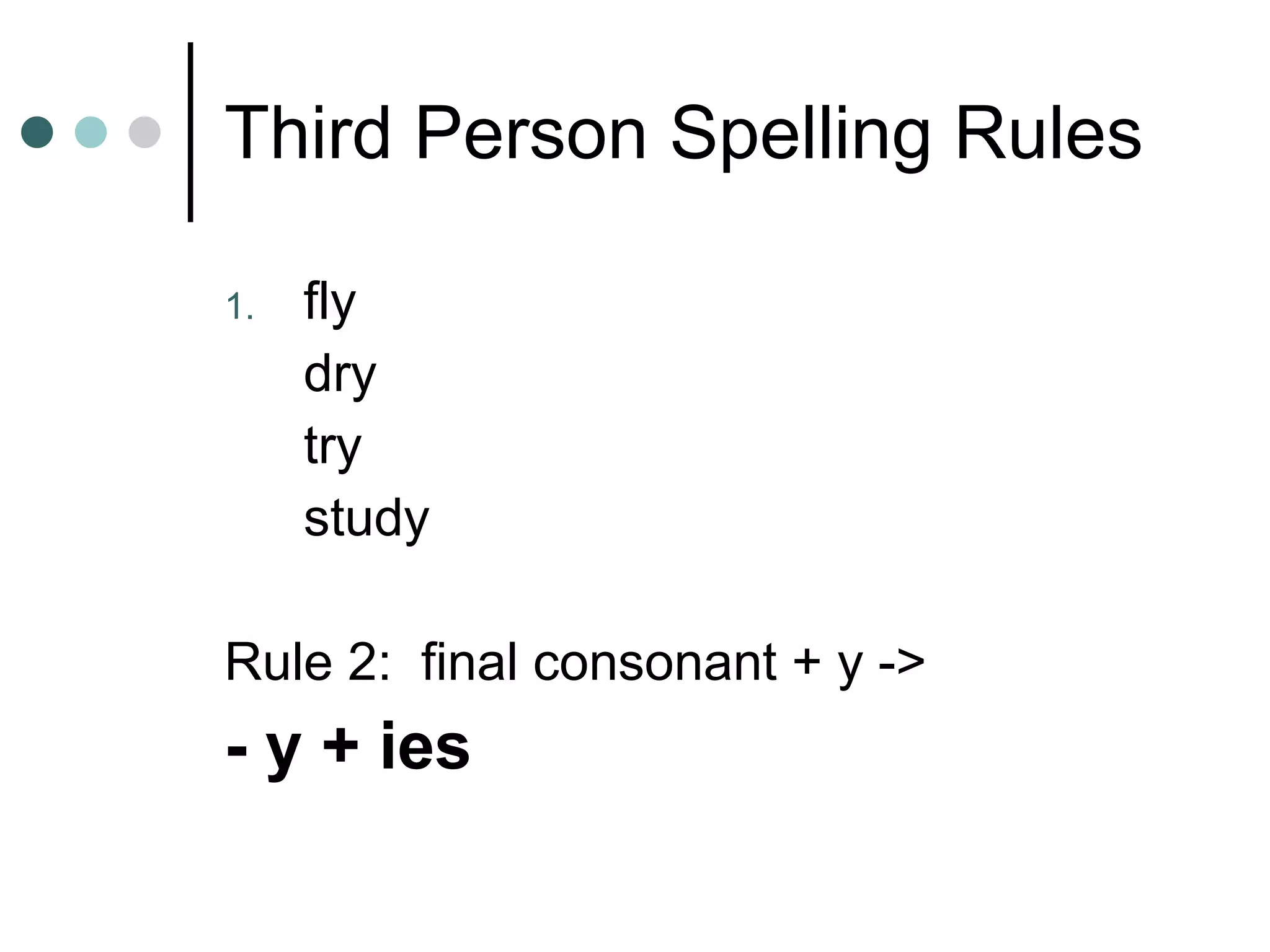Third Person Spelling Rules fly dry try study Rule 2:  final consonant + y ->  - y + ies 