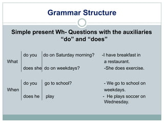 Grammar Structure

 Simple present Wh- Questions with the auxiliaries
                 “do” and “does”

       do you    d...