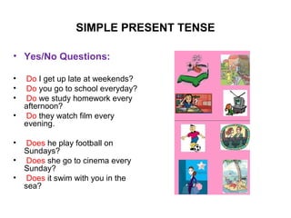 SIMPLE PRESENT TENSE

• Yes/No Questions:

• Do I get up late at weekends?
• Do you go to school everyday?
• Do we study homework every
  afternoon?
• Do they watch film every
  evening.

•  Does he play football on
  Sundays?
• Does she go to cinema every
  Sunday?
• Does it swim with you in the
  sea?
 
