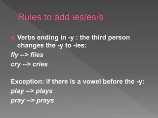  Verbs ending in -y : the third person
changes the -y to -ies:
fly --> flies
cry --> cries
Exception: if there is a vowel before the -y:
play --> plays
pray --> prays
 