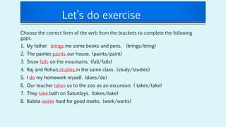 Choose the correct form of the verb from the brackets to complete the following
gaps.
1. My father brings me some books and pens. (brings/bring)
2. The painter paints our house. (paints/paint)
3. Snow falls on the mountains. (fall/falls)
4. Raj and Rohan studies in the same class. (study/studies)
5. I do my homework myself. (does/do)
6. Our teacher takes us to the zoo as an excursion. ( takes/take)
7. They take bath on Saturdays. (takes/take)
8. Babita works hard for good marks. (work/works)
Let’s do exercise
 
