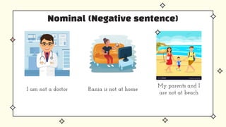 Nominal (Negative sentence)
My parents and I
are not at beach
Rania is not at home
I am not a doctor
 