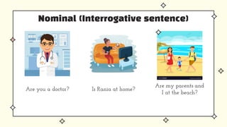 Nominal (Interrogative sentence)
Are my parents and
I at the beach?
Is Rania at home?
Are you a doctor?
 