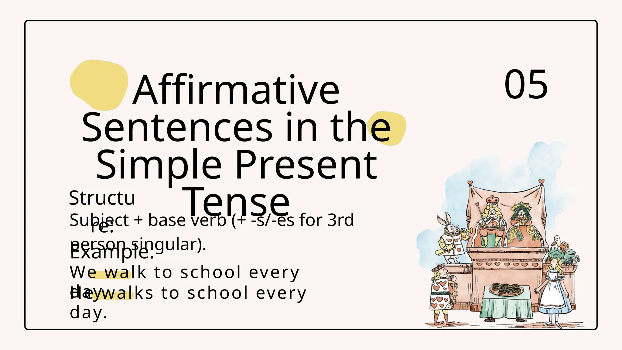 Affirmative
Sentences in the
Simple Present
Tense
05
Structu
re:
Example:
We walk to school every
day.
Subject + base verb (+ -s/-es for 3rd
person singular).
He walks to school every
day.
 