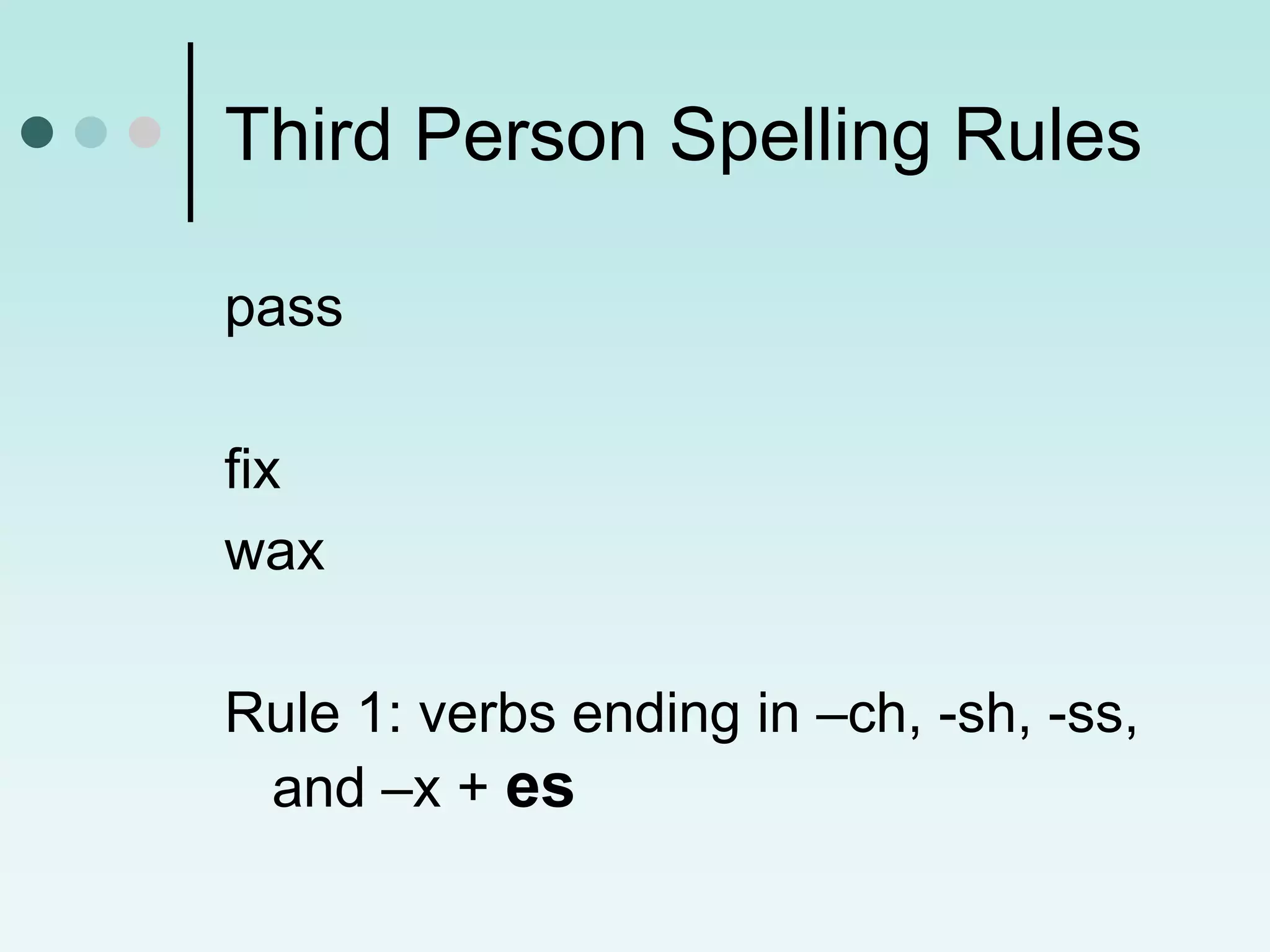 Third Person Spelling Rules

pass

fix
wax

Rule 1: verbs ending in –ch, -sh, -ss,
 and –x + es
 