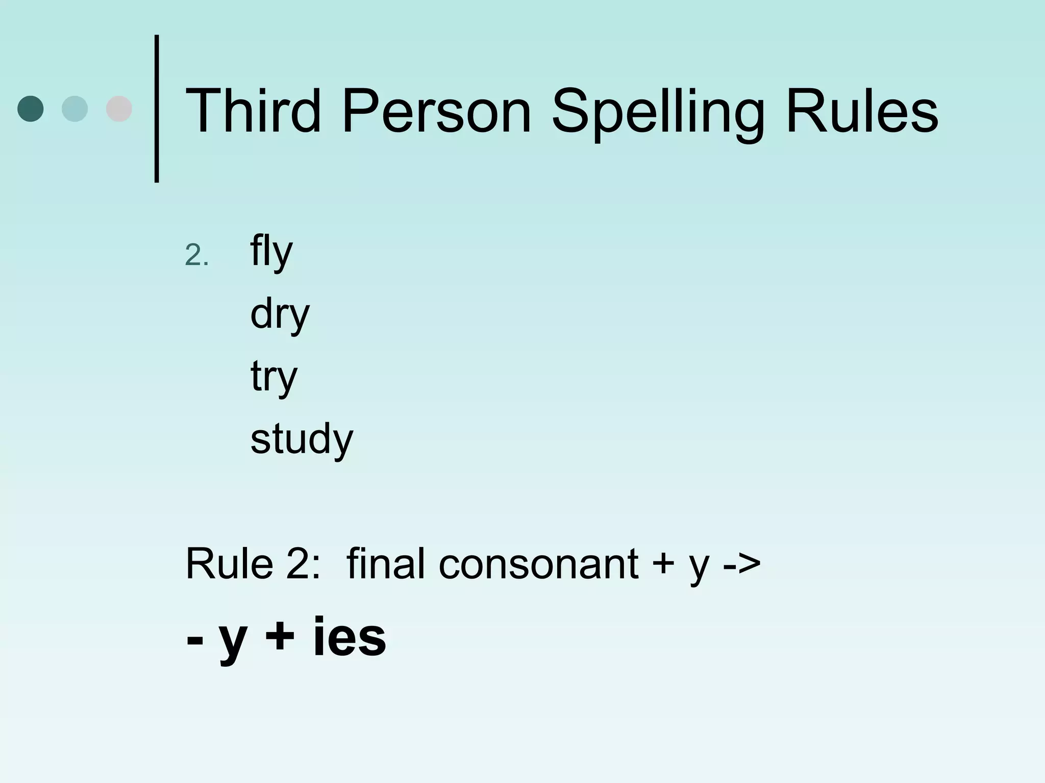 Third Person Spelling Rules

2.   fly
     dry
     try
     study

Rule 2: final consonant + y ->
- y + ies
 
