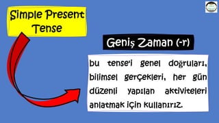Simple Present
Tense
Geniş Zaman (-r)
bu tense'i genel doğruları,
bilimsel gerçekleri, her gün
düzenli yapılan aktiviteleri
anlatmak için kullanırız.
 