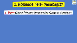 1. Bölümde neler yapacağız?
1. Part= Simple Present Tense nedir? Kullanım durumları
 
