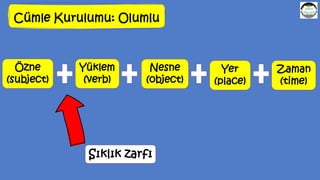 Cümle Kurulumu: Olumlu
Özne
(subject)
Yüklem
(verb)
Yer
(place)
Zaman
(time)
Nesne
(object)
Sıklık zarfı
 
