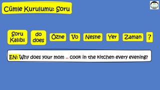 Cümle Kurulumu: Soru
Nesne Yer Zaman
Özne
do
does
V0
Soru
Kalıbı ?
EN: Why does your mom .. cook in the kitchen every evening?
 