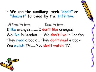 We use the auxiliary  verb  “don’t”  or  “doesn’t”  followed by the  Infinitive Affirmative form  Negative form I  like  oranges........ I  don’t  like  oranges. We  live  in London...... We  don’t   live  in London. They  read  a book ...They  don’t  read  a book. You  watch  TV..... You  don’t  watch  TV.   