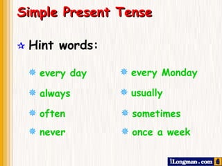  Hint words: Simple Present Tense always usually often sometimes never every day every Monday once a week 