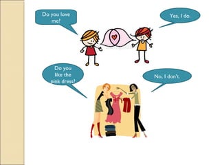 Do you love             Yes, I do.
   me?




     Do you
     like the    No, I don’t.
   pink dress?
 