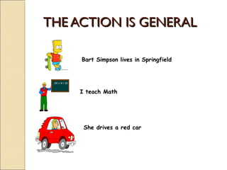 THE ACTION IS GENERAL

     Bart Simpson lives in Springfield




     I teach Math




      She drives a red car
 