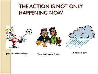 THE ACTION IS NOT ONLY
              HAPPENING NOW




I play soccer on sundays                            It rains in July
                           They meet every Friday
 
