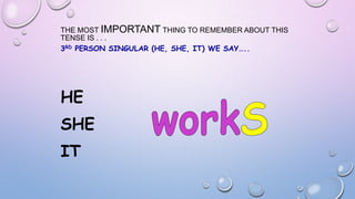 THE MOST IMPORTANT THING TO REMEMBER ABOUT THIS
TENSE IS . . .
3RD PERSON SINGULAR (HE, SHE, IT) WE SAY…..

HE

SHE
IT

 
