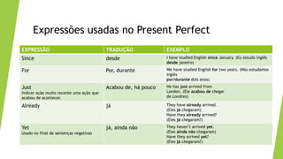 Expressões usadas no Present Perfect
EXPRESSÃO TRADUÇÃO EXEMPLO
Since desde I have studied English since January. (Eu estudo inglês
desde janeiro)
For Por, durante We have studied English for two years. (Nós estudamos
inglês
por/durante dois anos)
Just
Indicar ação muito recente uma ação que
acabou de acontecer.
Acabou de, há pouco He has just arrived from
London. (Ele acabou de chegar
de Londres)
Already já They have already arrived.
(Eles já chegaram)
Have they already arrived?
(Eles já chegaram?)
Yet
Usado no final de sentenças negativas
já, ainda não They haven’t arrived yet.
(Eles ainda não chegaram)
Have they arrived yet?
(Eles já chegaram?)
 