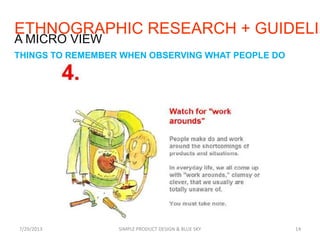 7/29/2013 SIMPLE PRODUCT DESIGN & BLUE SKY 14
A MICRO VIEW
THINGS TO REMEMBER WHEN OBSERVING WHAT PEOPLE DO
ETHNOGRAPHIC RESEARCH + GUIDELIN
 
