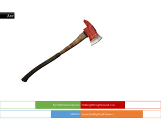 Axe
Form|Dimensions|Joints Holding|Hitting|Personal style
Impact|Safety|Grip|Feedback
Method
 