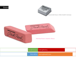 Eraser
Pink Pearl Eraser | Sanford | Illinois
Knead-able Eraser | Faber Castell | Germany
Form|Dimensions Holding|Rubbing
Cleaning|Waste|Friction
Material|Dyes
 