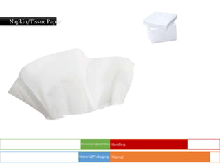 Napkin/Tissue Paper
Dimensions|Aesthetics
Wiping|
Material|Packaging
Handling
 