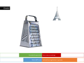 Grater
Form|Anthropometry| Form-new or existing|
Safety|Cleaning|Variety in grooves
Material|Process
 
