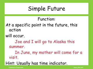 Coleman’s Classroom www.clmn.net
Simple Future
Function:
At a specific point in the future, this
action
will occur.
Joe and I will go to Alaska this
summer.
In June, my mother will come for a
visit.
Hint: Usually has time indicator.
 